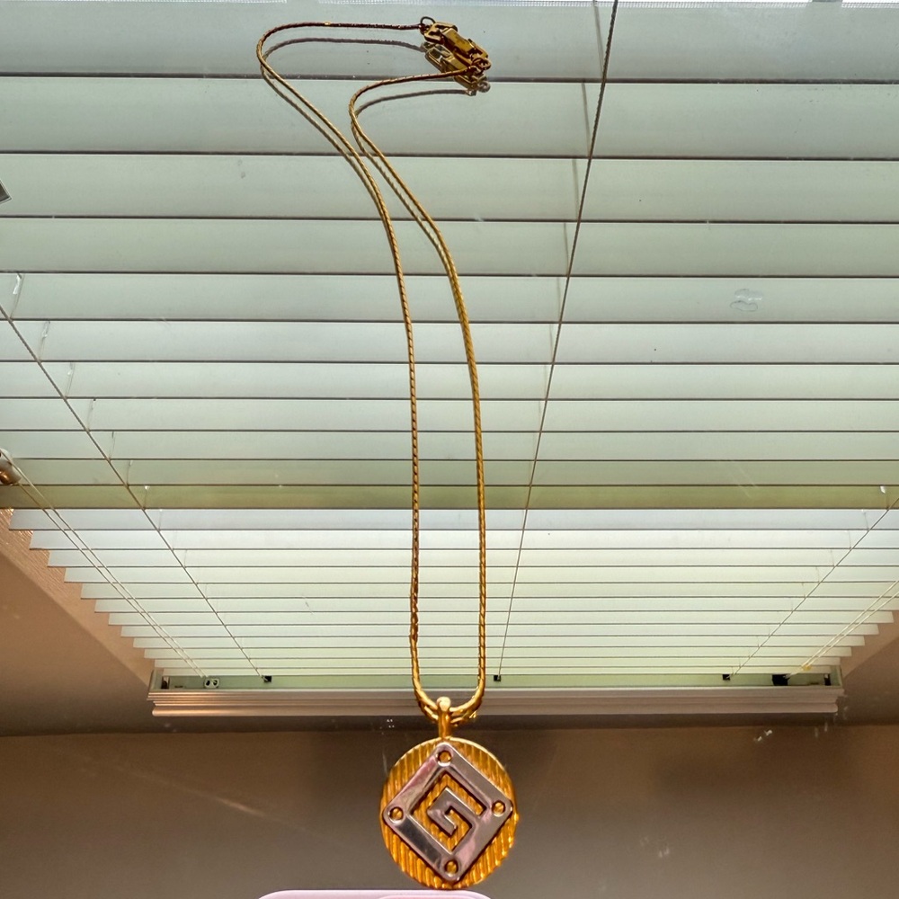 Vintage Givenchy G Gold Pendant Necklace with Geometric Design